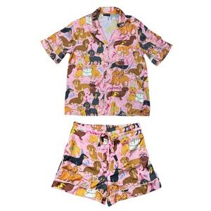 Karen Mabon Pink Dachshund Birthday Party Satin Pajama Set Shorts Womens Small